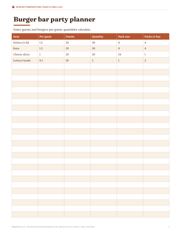 Preview of Printable Burger Bar Party Planner