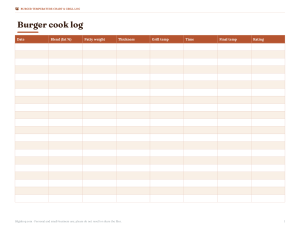 Preview of Printable Burger Cook Log